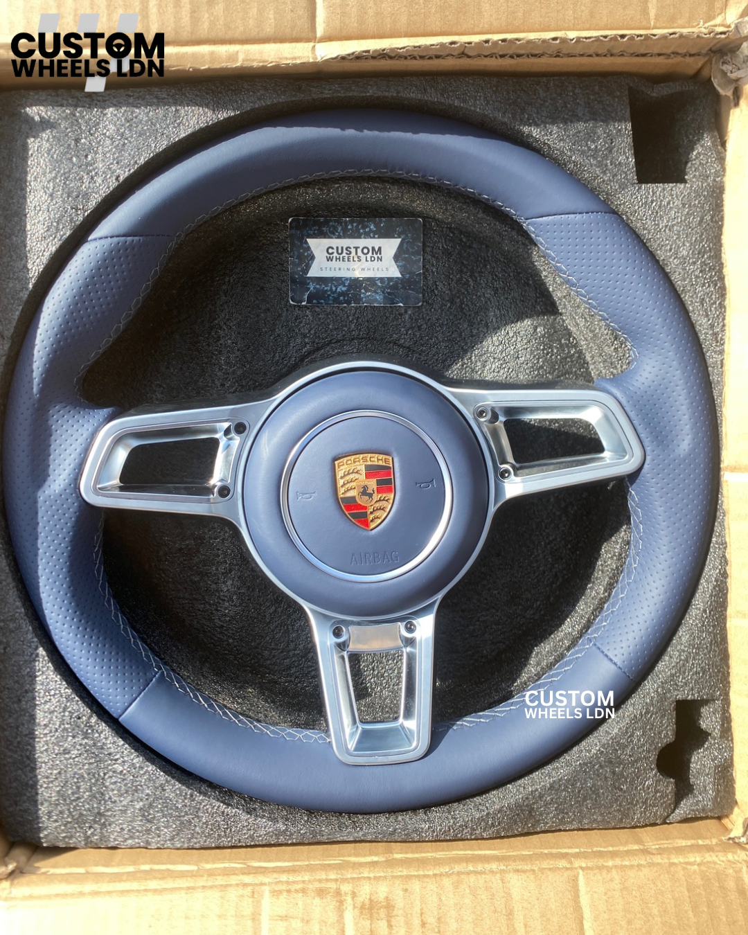 Porsche Custom Steering Wheel – Navy Leather with Chrome Trim + Long Silver Paddles (Fits 2000+ | Tiptronic / PDK)