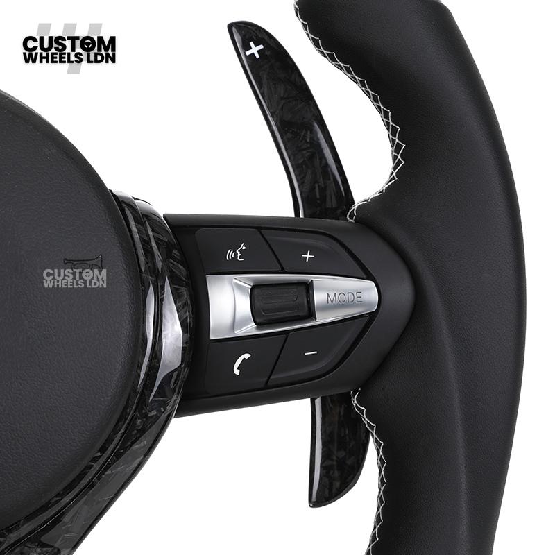 BMW Custom Forged Carbon Steering Wheel with Perforated Leather & White Racing Stripe | Plug & Play | Complete Wheel | Fits F20 F21 F22 F23 F30 F31 F32 F33 F36 F80 F87 E82 E88 E90 E92 E93 + More