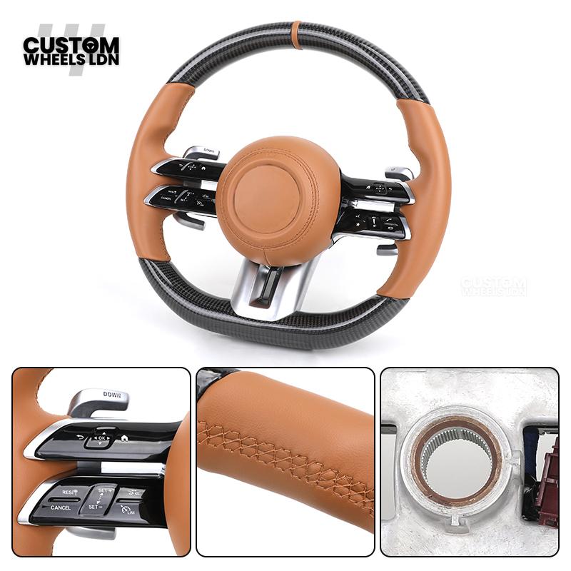Mercedes Custom AMG Flat Bottom Steering Wheel – Brown Leather & Carbon Fibre, Tan Centre Stripe, Gloss Black Trim, Touch Control Buttons, Silver Paddles | Fits C-Class, E-Class, CLS, GLC, GLE, G-Class + more | Plug & Play | With Airbag | Retrofit Upgrade