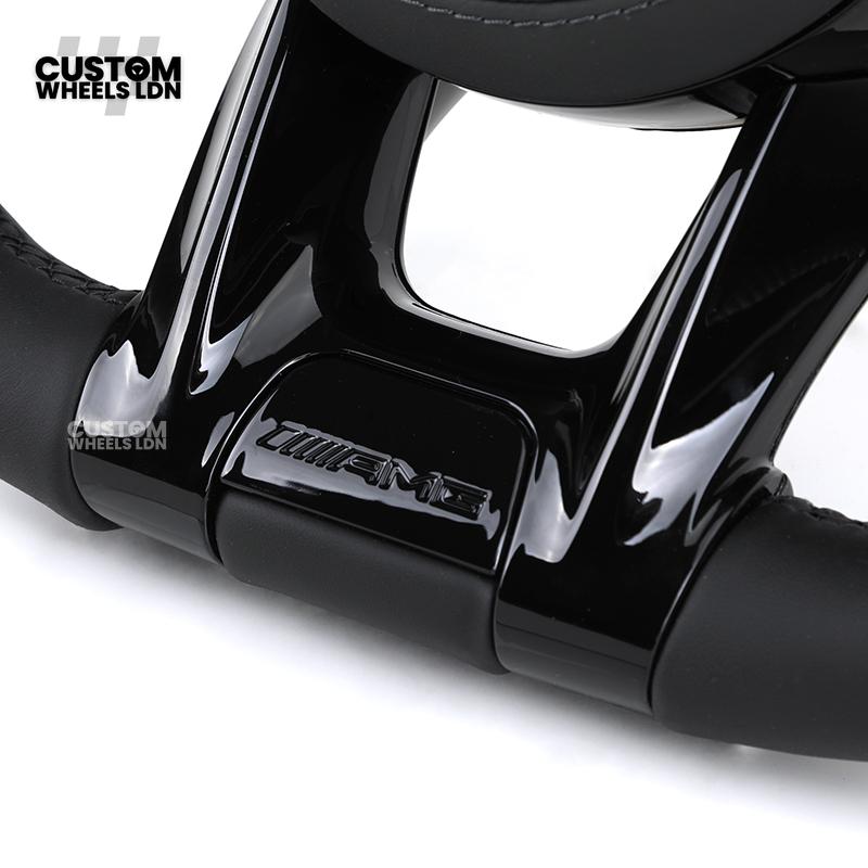 rcedes Custom AMG Flat Bottom Steering Wheel – Full Black Leather, Piano Black Trim, Touch Control Buttons, AMG Badge | Fits C-Class, E-Class, CLS, GLC, GLE, G-Class + more | Plug & Play | Retrofit Upgrade for Older Models