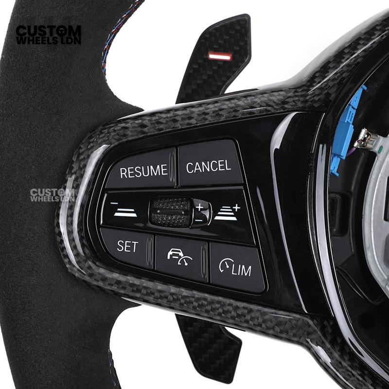 BMW Custom LCI-Style Flat Bottom Steering Wheel – Alcantara, Carbon Fibre Trims, M-Coloured Stitching, Red M Buttons, Carbon Paddles | Fits G80 M3, G82 M4, G20 3 Series, G22 4 Series, G30 5 Series + more | Plug & Play | Retrofit Upgrade for Older Models