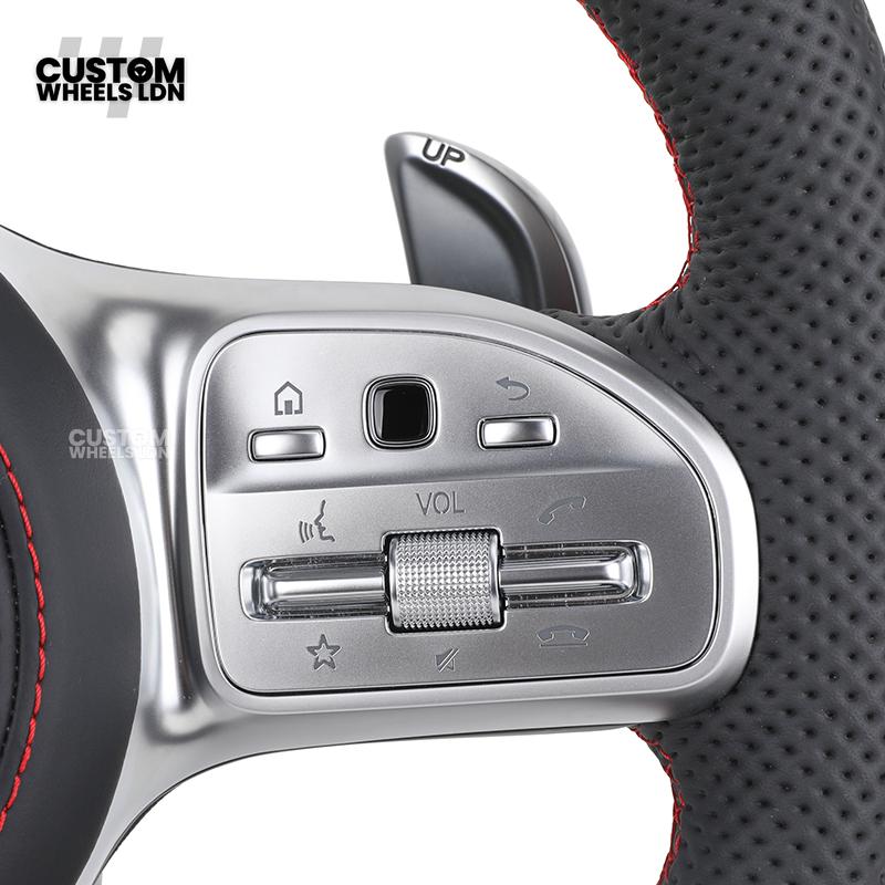 Mercedes Custom AMG Flat Bottom Steering Wheel – Black Leather, Red Stitching, Red Stripe, Silver Trim, Touch Buttons, Silver Paddles, AMG Badge | Fits C-Class, E-Class, CLS, GLC, GLE, G-Class + more | Plug & Play | Retrofit Upgrade for Older Models