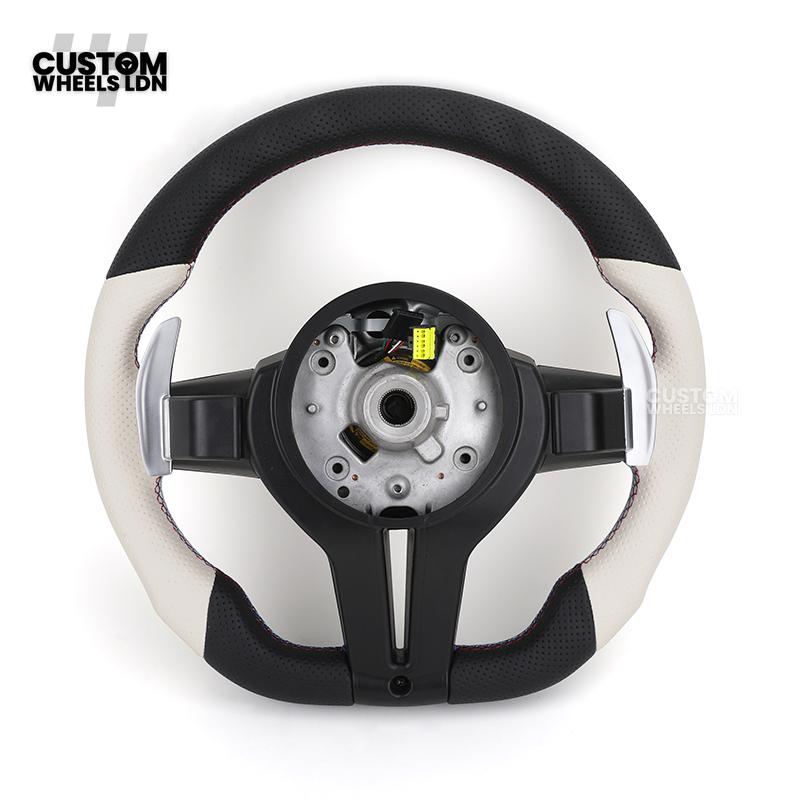 BMW Custom Flat Bottom Steering Wheel – White & Black Perforated Leather with M-Stitching | Fits F20 F22 F30 F32 F36 F10 F06 F13 X1 X3 X4 X5 X6 + More