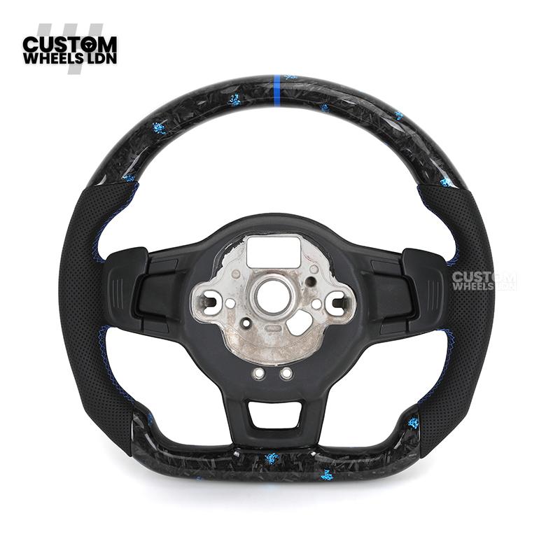 Volkswagen MK7 Custom Steering Wheel – Blue Forged Carbon with Blue Stitching & Stripe, Perforated Leather Grips | Fits Golf GTI, R, Scirocco + more | Plug & Play