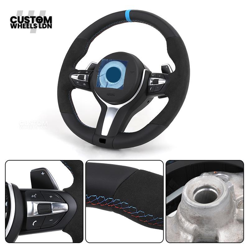 BMW Custom Flat Bottom Steering Wheel – Smooth Leather & Alcantara with Blue Center Stripe | Fits F20 F22 F30 F32 F36 F10 F06 F13 X1 X3 X4 X5 X6 + More