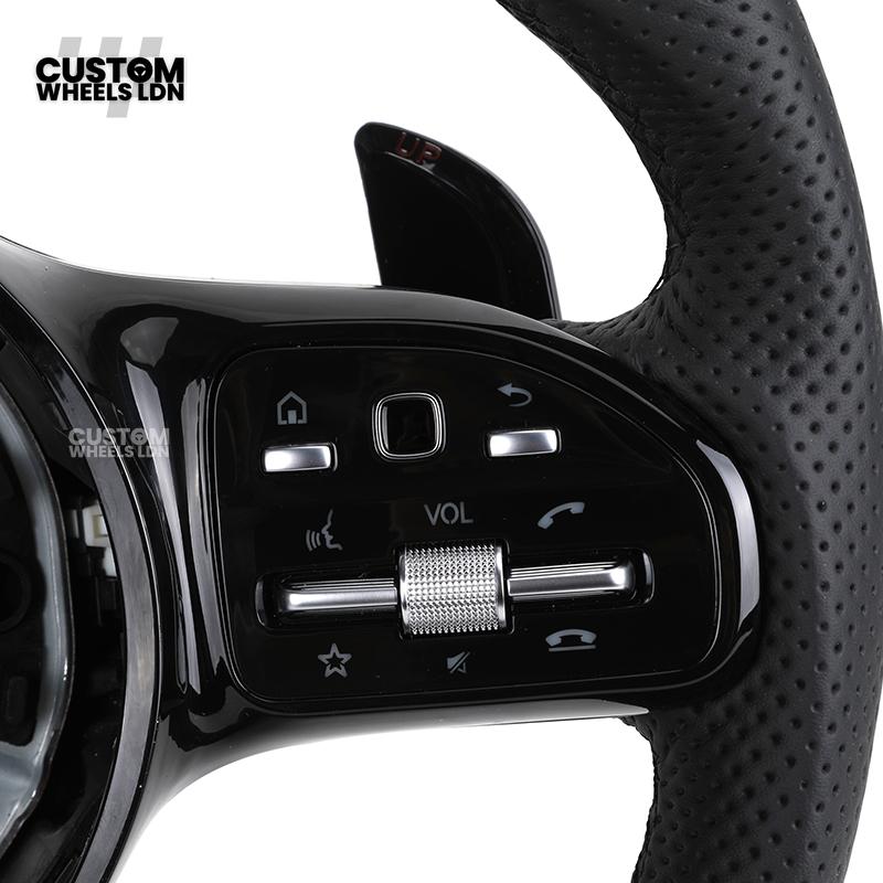 Mercedes Custom AMG Flat Bottom Steering Wheel – Black Leather, Smooth Top & Bottom, Piano Black Trim, Touch Control Buttons, AMG Badge | Fits C-Class, E-Class, CLS, GLC, GLE, G-Class + more | Plug & Play | Retrofit Upgrade for Older Models