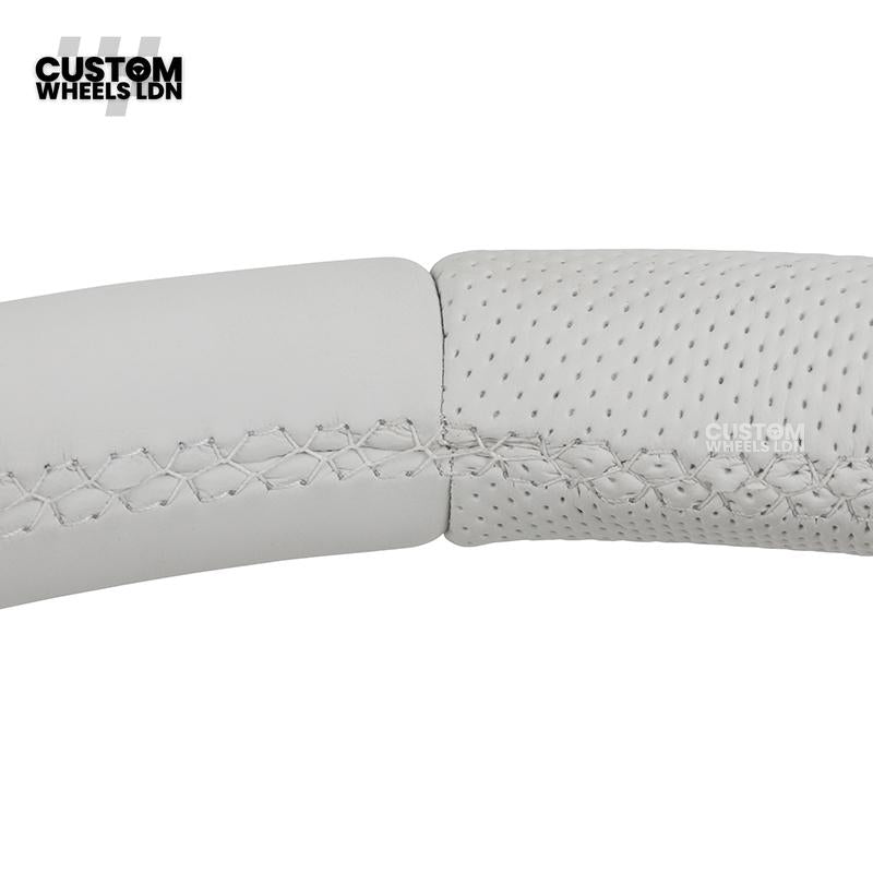 Mercedes Custom AMG Flat Bottom Steering Wheel – White Leather, Perforated Sides, Silver AMG Trim, Touch Buttons & Silver Paddles | Fits W205 C-Class, W213 E-Class, GLC, GLE, CLS + more | Plug & Play | Airbag | Retrofit Upgrade for Older Model Available