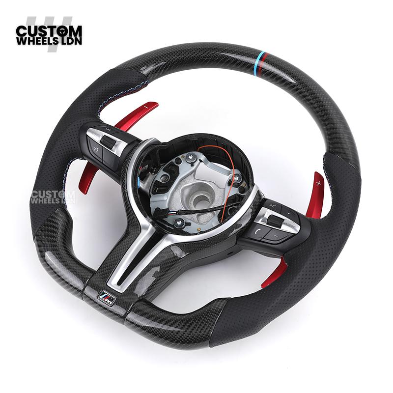 BMW Custom Carbon Fibre Steering Wheel – Red Paddles | Perforated Leather | M-Stripe Marker | Plug & Play | Fits 1 Series F20, 2 Series F22, 3 Series F30, 4 Series F32, M2, M3, M4, X1 F48, X2 F39, Z4 G29 + more