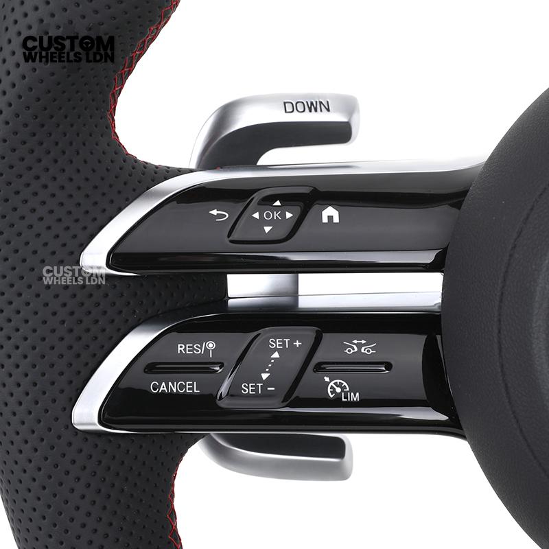 Mercedes Custom W223 AMG Flat Bottom Steering Wheel – Carbon Top & Bottom, Red Center Stripe, Perforated Grips, Silver Paddles, Touch Control Buttons | Fits C63, E63, S63, GLE, GLS, W223 + more | Plug & Play | With Airbag | Retrofit Upgrade for Older Mode