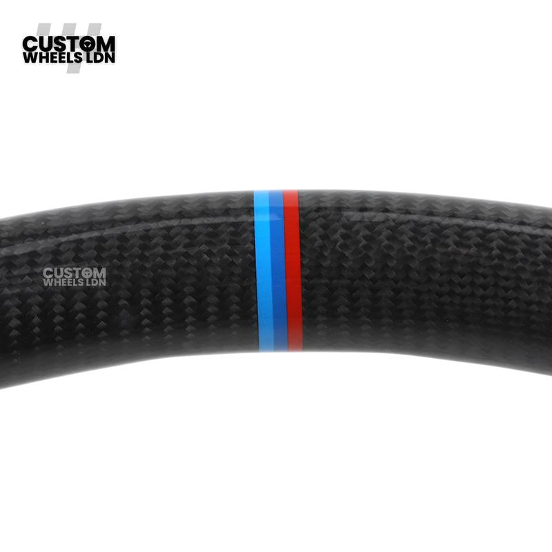 BMW Custom Carbon Fibre Steering Wheel – White Perforated Leather | M-Stripe Marker, Magnetic Paddle Shifter's | Plug & Play | Fits older models