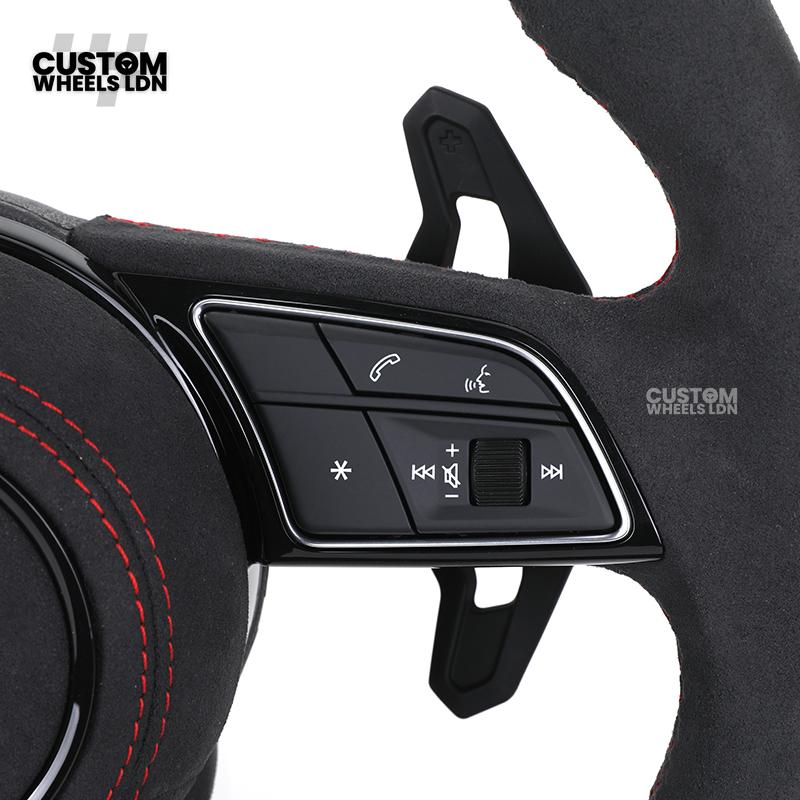 Audi Custom B9 Flat Bottom Steering Wheel – Alcantara Grip, Red Stitching, Red Centre Stripe, Black Paddles, RS3 Badge | Fits A3, S3, RS3, A4, S4, A5, S5, Q5, SQ5 + more | Plug & Play | With Airbag | Upgrade for Older Models Available