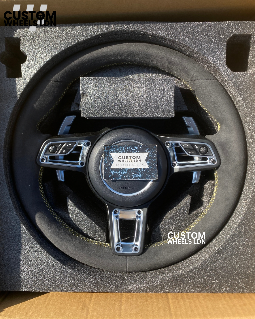 Porsche Custom Steering Wheel – Alcantara, Yellow Stitching – Fits 2000+ Models (PDK/Tiptronic)