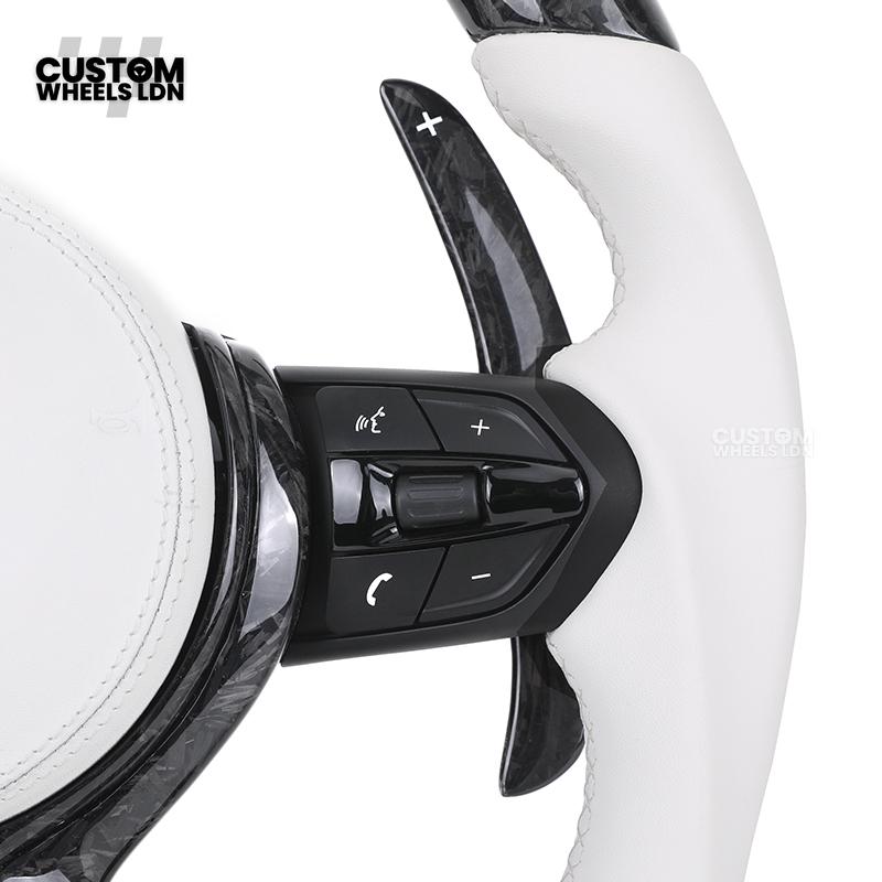 BMW Forged Carbon & White Leather Steering Wheel | Paddle Shifters | M Badge | Flat Bottom | Fits 1 2 3 4 5 Series (F & E Series) + more | Complete Plug & Play