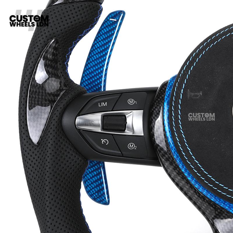 BMW Custom Carbon Fibre Steering Wheel – Blue Trim & Paddles | M Performance | Perforated Leather | Plug & Play | Fits F20, F22, F30, F32, F36, M2, M3, M4, X1, X2 + more