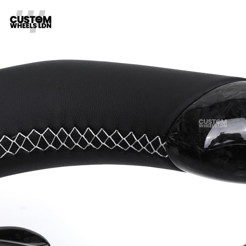 BMW Custom Forged Carbon Steering Wheel with Perforated Leather & White Racing Stripe | Plug & Play | Complete Wheel | Fits F20 F21 F22 F23 F30 F31 F32 F33 F36 F80 F87 E82 E88 E90 E92 E93 + More
