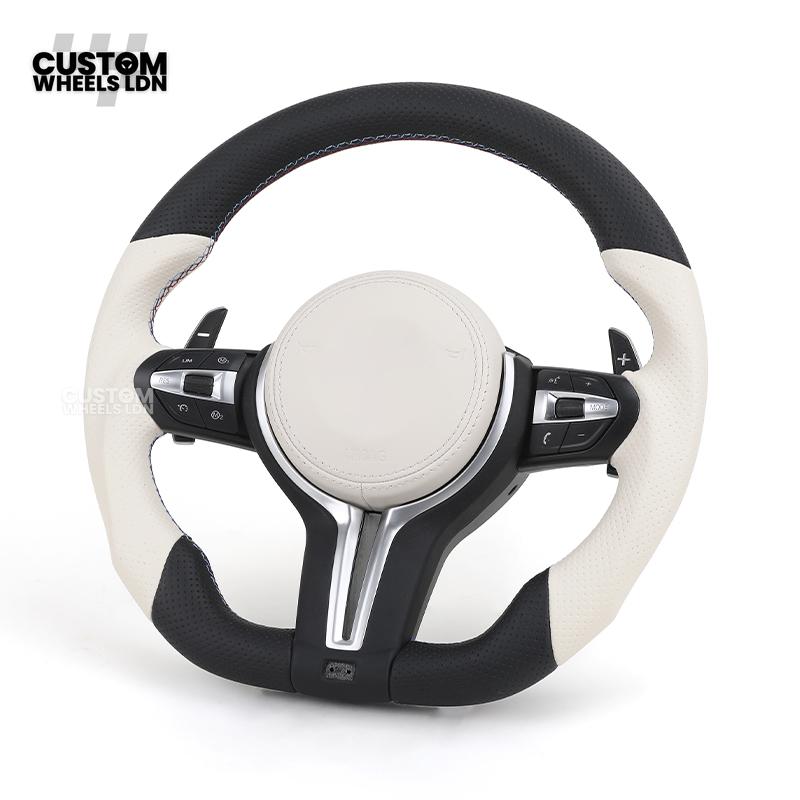 BMW Custom Flat Bottom Steering Wheel – White & Black Perforated Leather with M-Stitching | Fits F20 F22 F30 F32 F36 F10 F06 F13 X1 X3 X4 X5 X6 + More