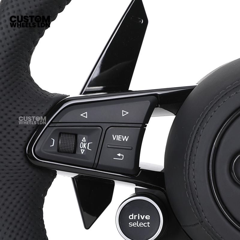 Audi Custom R8-Style Flat Bottom Steering Wheel – Black Leather, Black Stitching, Gloss Black Paddles, Start Button | Fits A4, A5, S5, A6, A7, S6, S7, Q5, SQ5 + more | Plug & Play | With Airbag | Upgrade for Older Models Available