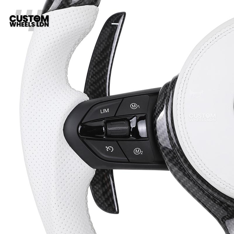 BMW Custom Carbon Fibre Steering Wheel – White Perforated Leather | M-Stripe Marker | Plug & Play | Fits older models