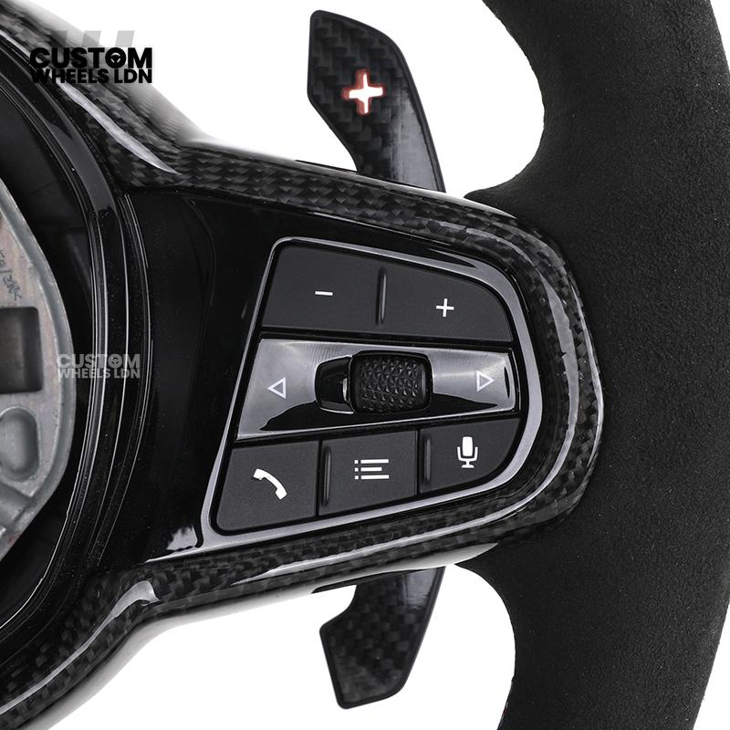 BMW Custom LCI-Style Flat Bottom Steering Wheel – Alcantara, Carbon Fibre Trims, M-Coloured Stitching, Red M Buttons, Carbon Paddles | Fits G80 M3, G82 M4, G20 3 Series, G22 4 Series, G30 5 Series + more | Plug & Play | Retrofit Upgrade for Older Models