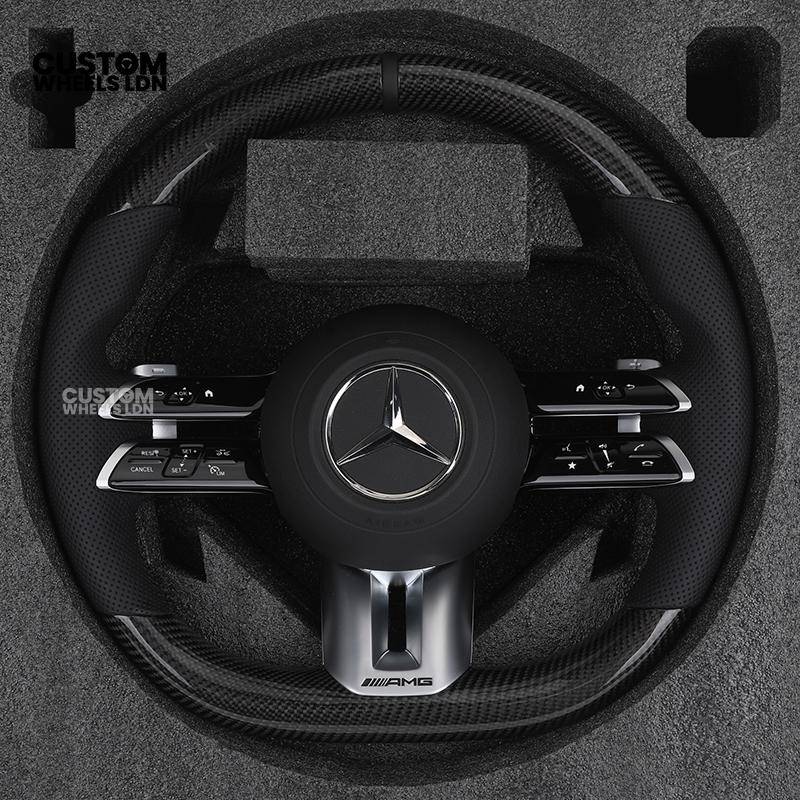 Mercedes Custom W223 AMG Flat Bottom Steering Wheel – Carbon Top & Bottom, Perforated Leather Grip, Gloss Black Trim, Touch Control Buttons | Fits C63, E63, S63, GLE, GLS, S-Class W223 + more | Plug & Play | With Airbag | Retrofit Upgrade for Older Models