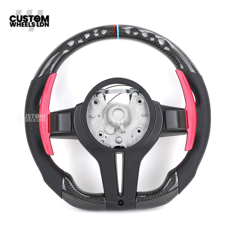 BMW Custom Carbon Fibre Steering Wheel – Red Paddles | Perforated Leather | M-Stripe Marker | Plug & Play | Fits 1 Series F20, 2 Series F22, 3 Series F30, 4 Series F32, M2, M3, M4, X1 F48, X2 F39, Z4 G29 + more