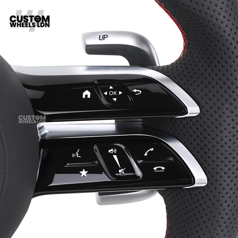 Mercedes Custom W223 AMG Flat Bottom Steering Wheel – Carbon Top & Bottom, Red Center Stripe, Perforated Grips, Silver Paddles, Touch Control Buttons | Fits C63, E63, S63, GLE, GLS, W223 + more | Plug & Play | With Airbag | Retrofit Upgrade for Older Mode
