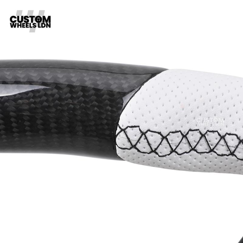 BMW Custom Carbon Fibre Steering Wheel – White Perforated Leather | M-Stripe Marker, Magnetic Paddle Shifter's | Plug & Play | Fits older models