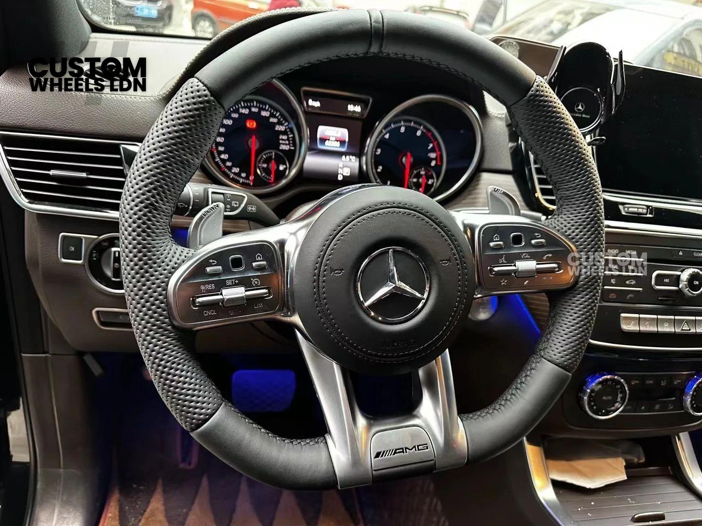 Mercedes Custom AMG Flat Bottom Steering Wheel – Full Black Leather, Black Stripe, Silver Trim, Touch Control Buttons, Silver Paddles, AMG Badge | Fits C-Class, E-Class, CLS, GLC, GLE, G-Class + more | Plug & Play | Retrofit Upgrade for Older Models