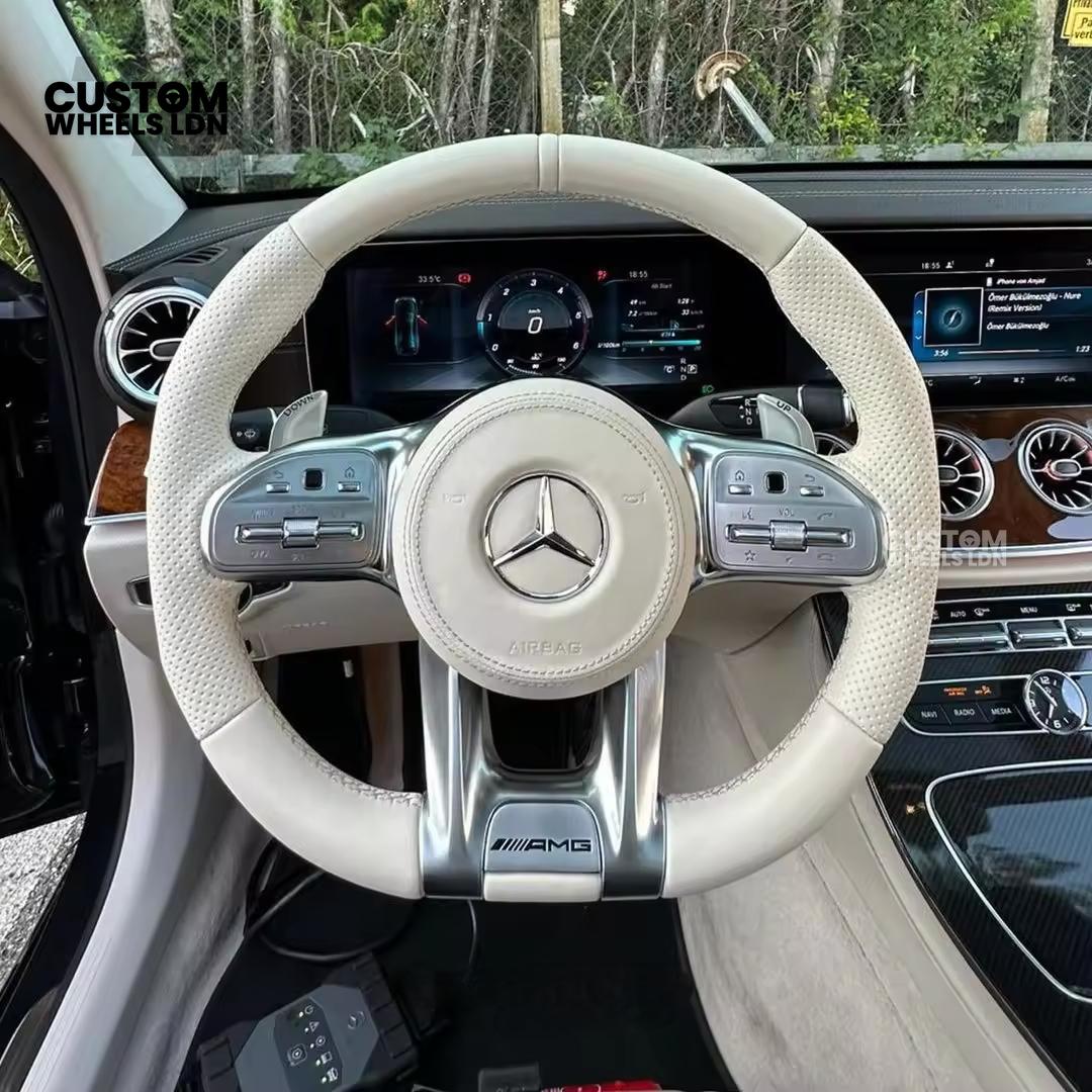 Mercedes Custom AMG Flat Bottom Steering Wheel – White Leather, Perforated Sides, Silver AMG Trim, Touch Buttons & Silver Paddles | Fits W205 C-Class, W213 E-Class, GLC, GLE, CLS + more | Plug & Play | Airbag | Retrofit Upgrade for Older Model Available