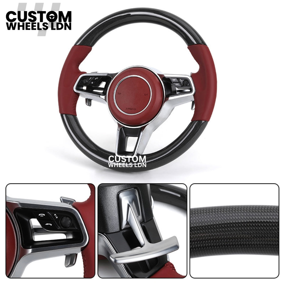 Porsche Custom Carbon Fibre with Red Leather OEM Steering Wheel - Fits Most Models: 911, Cayenne, Panamera, Macan, Boxter, Taycan & More