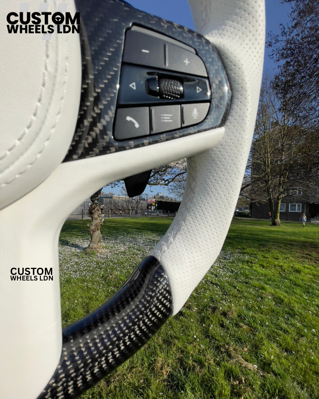 BMW Custom Steering Wheel for F and G | In Stock | – Carbon Fiber & White Leather Fully Loaded with M1/M2 Option