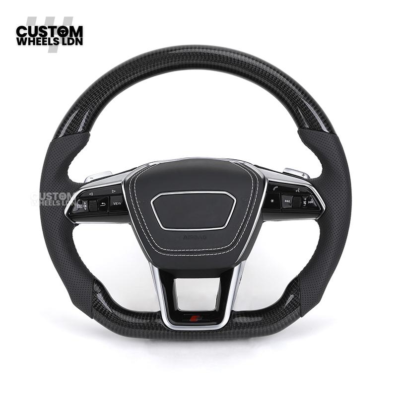 Audi Custom Q/RS Flat Bottom Steering Wheel – Carbon Top & Bottom, Perforated Leather, White Stitching, Silver Paddles | Fits Q3, Q5, SQ5, Q7, Q8, SQ8, RSQ8, A6, A7, S6, S7 + more | Plug & Play | With Airbag | Upgrade for Older Models Available