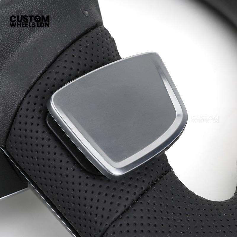 Audi Custom Q/RS Flat Bottom Steering Wheel – Carbon Top & Bottom, Perforated Leather, White Stitching, Silver Paddles | Fits Q3, Q5, SQ5, Q7, Q8, SQ8, RSQ8, A6, A7, S6, S7 + more | Plug & Play | With Airbag | Upgrade for Older Models Available