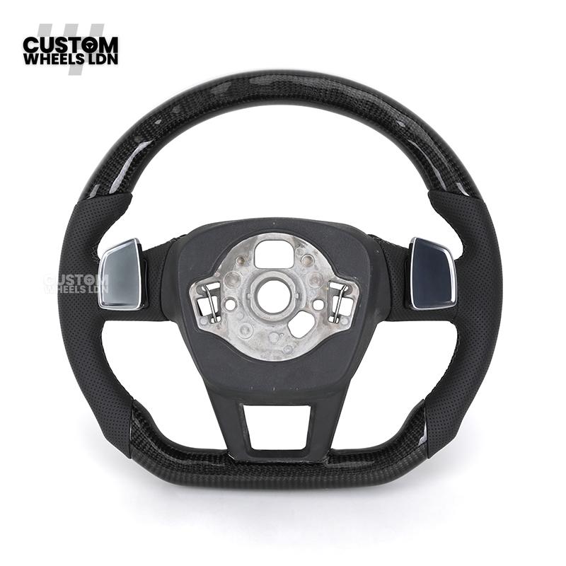 Audi Custom Q/RS Flat Bottom Steering Wheel – Carbon Top & Bottom, Perforated Leather, White Stitching, Silver Paddles | Fits Q3, Q5, SQ5, Q7, Q8, SQ8, RSQ8, A6, A7, S6, S7 + more | Plug & Play | With Airbag | Upgrade for Older Models Available