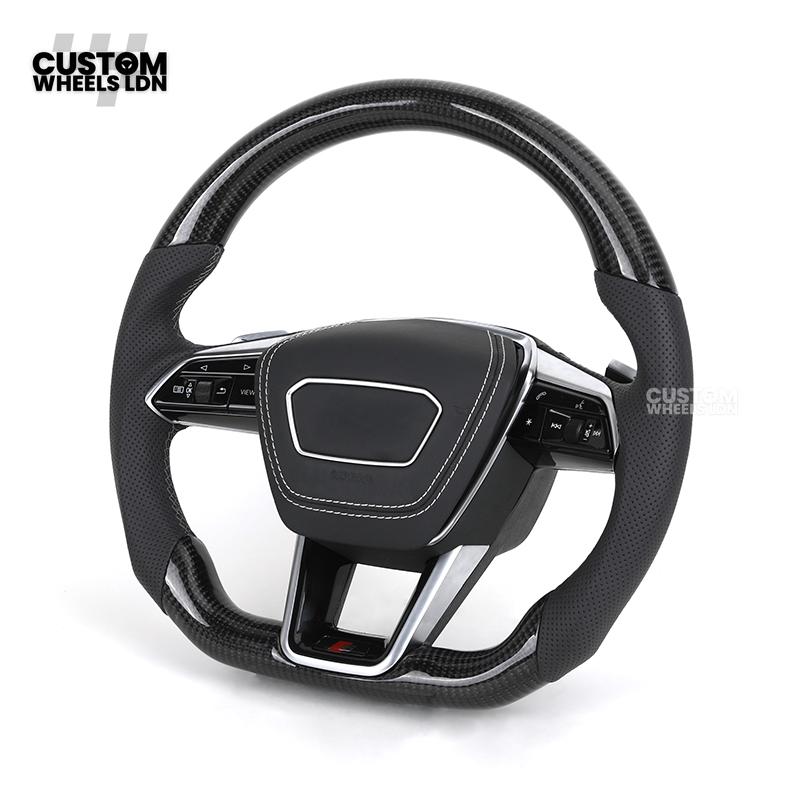Audi Custom Q/RS Flat Bottom Steering Wheel – Carbon Top & Bottom, Perforated Leather, White Stitching, Silver Paddles | Fits Q3, Q5, SQ5, Q7, Q8, SQ8, RSQ8, A6, A7, S6, S7 + more | Plug & Play | With Airbag | Upgrade for Older Models Available