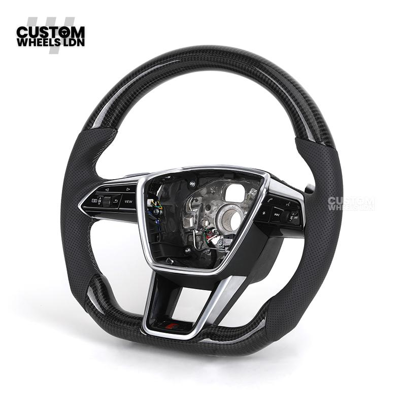 Audi Custom Q/RS Flat Bottom Steering Wheel – Carbon Top & Bottom, Perforated Leather, White Stitching, Silver Paddles | Fits Q3, Q5, SQ5, Q7, Q8, SQ8, RSQ8, A6, A7, S6, S7 + more | Plug & Play | With Airbag | Upgrade for Older Models Available