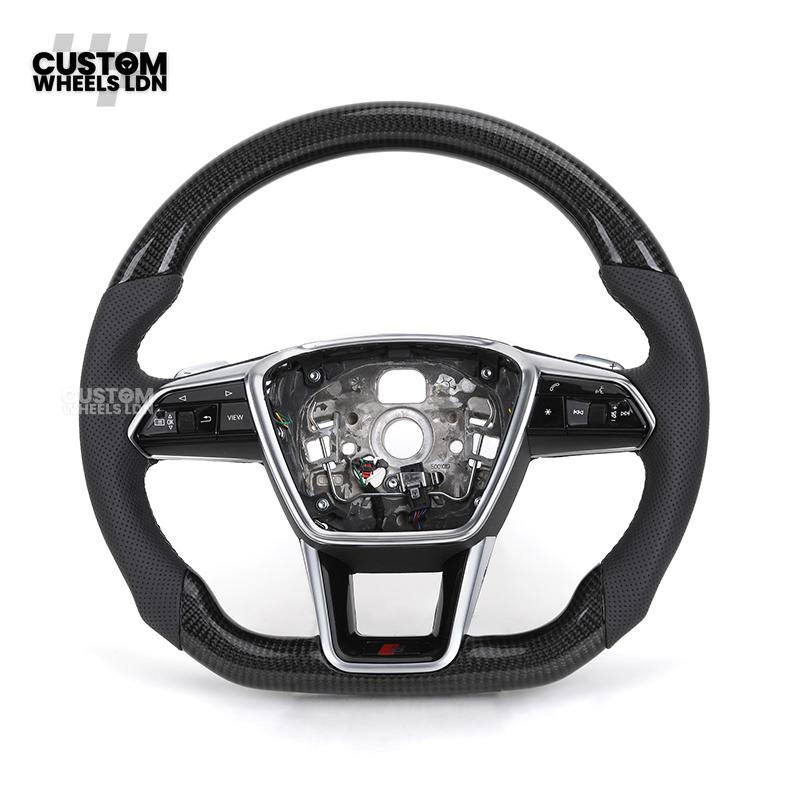 Audi Custom Q/RS Flat Bottom Steering Wheel – Carbon Top & Bottom, Perforated Leather, White Stitching, Silver Paddles | Fits Q3, Q5, SQ5, Q7, Q8, SQ8, RSQ8, A6, A7, S6, S7 + more | Plug & Play | With Airbag | Upgrade for Older Models Available