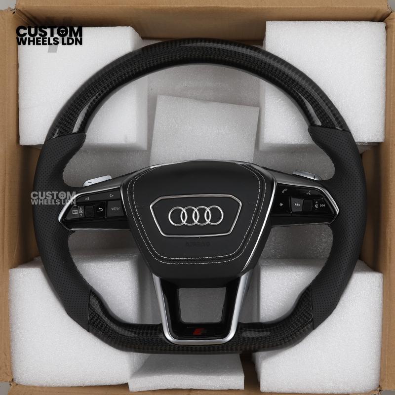 Audi Custom Q/RS Flat Bottom Steering Wheel – Carbon Top & Bottom, Perforated Leather, White Stitching, Silver Paddles | Fits Q3, Q5, SQ5, Q7, Q8, SQ8, RSQ8, A6, A7, S6, S7 + more | Plug & Play | With Airbag | Upgrade for Older Models Available