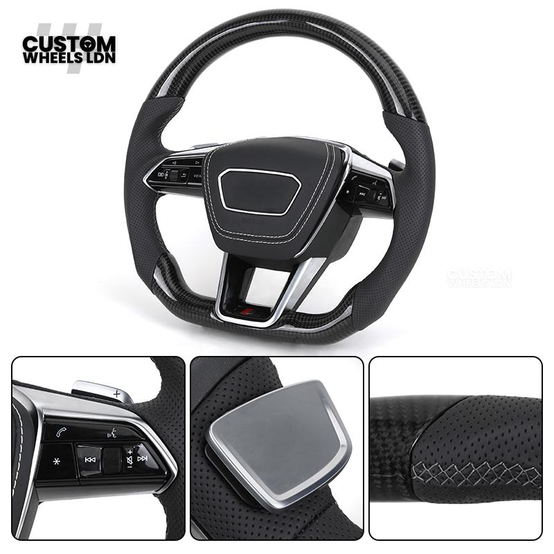 Audi Custom Q/RS Flat Bottom Steering Wheel – Carbon Top & Bottom, Perforated Leather, White Stitching, Silver Paddles | Fits Q3, Q5, SQ5, Q7, Q8, SQ8, RSQ8, A6, A7, S6, S7 + more | Plug & Play | With Airbag | Upgrade for Older Models Available
