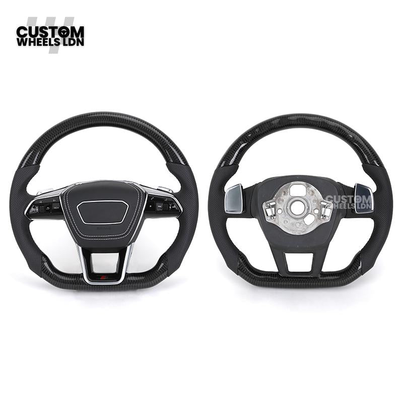 Audi Custom Q/RS Flat Bottom Steering Wheel – Carbon Top & Bottom, Perforated Leather, White Stitching, Silver Paddles | Fits Q3, Q5, SQ5, Q7, Q8, SQ8, RSQ8, A6, A7, S6, S7 + more | Plug & Play | With Airbag | Upgrade for Older Models Available