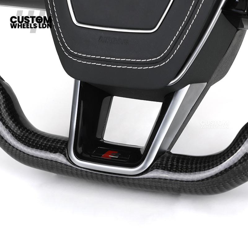Audi Custom Q/RS Flat Bottom Steering Wheel – Carbon Top & Bottom, Perforated Leather, White Stitching, Silver Paddles | Fits Q3, Q5, SQ5, Q7, Q8, SQ8, RSQ8, A6, A7, S6, S7 + more | Plug & Play | With Airbag | Upgrade for Older Models Available