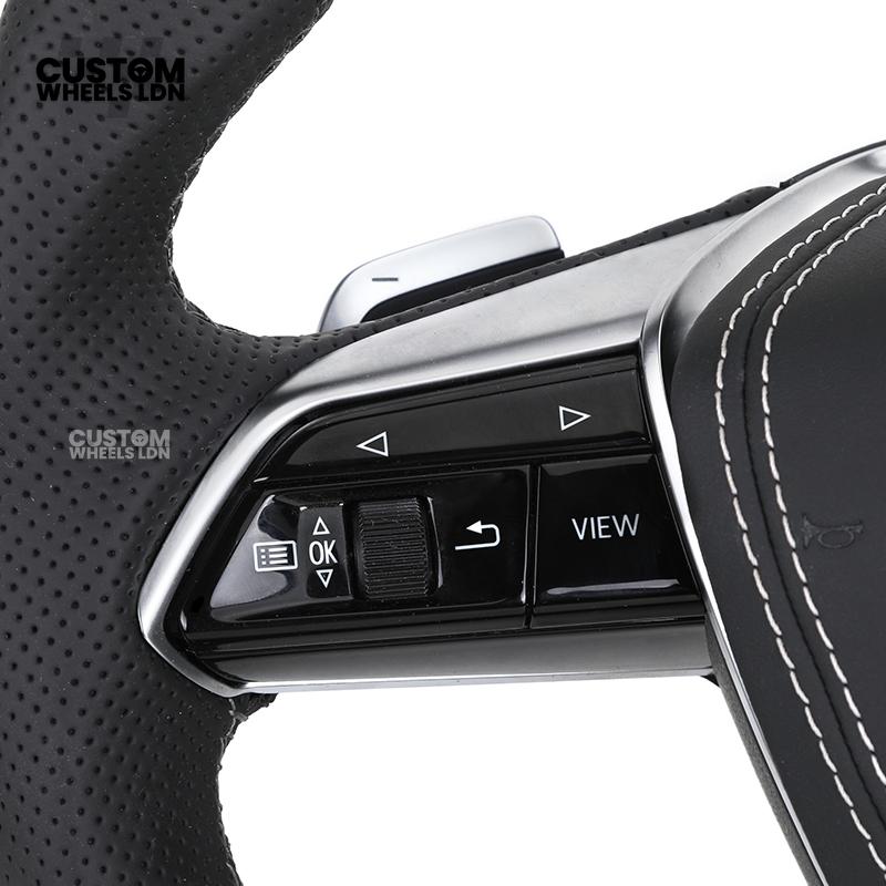 Audi Custom Q/RS Flat Bottom Steering Wheel – Carbon Top & Bottom, Perforated Leather, White Stitching, Silver Paddles | Fits Q3, Q5, SQ5, Q7, Q8, SQ8, RSQ8, A6, A7, S6, S7 + more | Plug & Play | With Airbag | Upgrade for Older Models Available