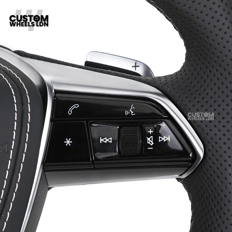 Audi Custom Q/RS Flat Bottom Steering Wheel – Carbon Top & Bottom, Perforated Leather, White Stitching, Silver Paddles | Fits Q3, Q5, SQ5, Q7, Q8, SQ8, RSQ8, A6, A7, S6, S7 + more | Plug & Play | With Airbag | Upgrade for Older Models Available