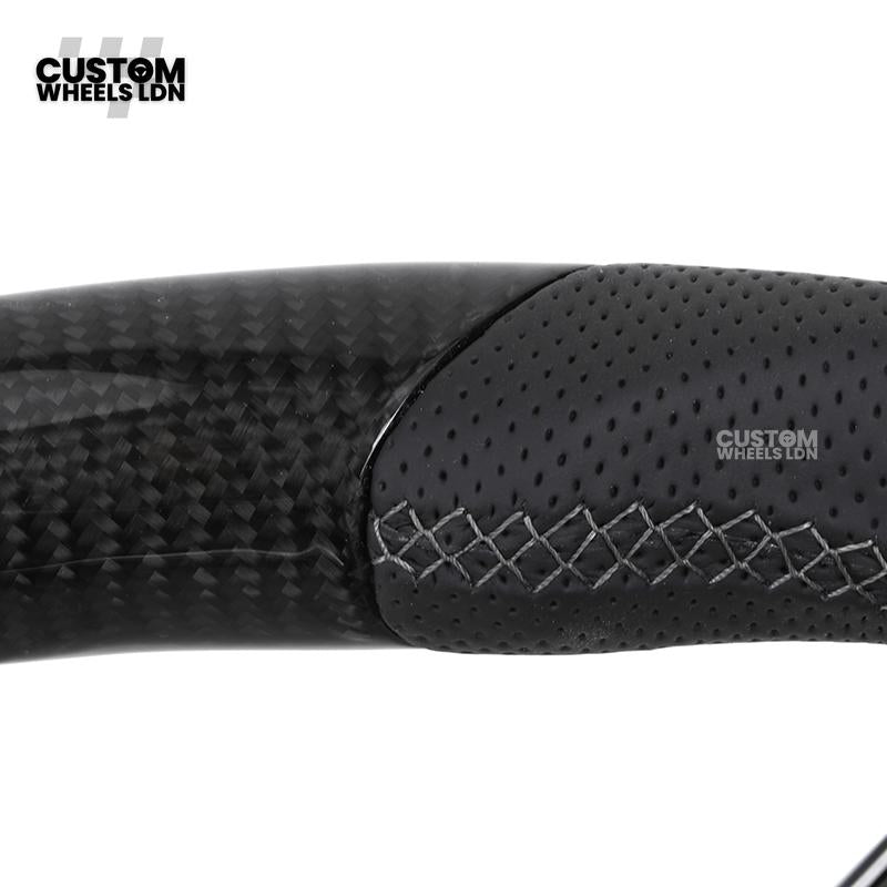 Audi Custom Q/RS Flat Bottom Steering Wheel – Carbon Top & Bottom, Perforated Leather, White Stitching, Silver Paddles | Fits Q3, Q5, SQ5, Q7, Q8, SQ8, RSQ8, A6, A7, S6, S7 + more | Plug & Play | With Airbag | Upgrade for Older Models Available