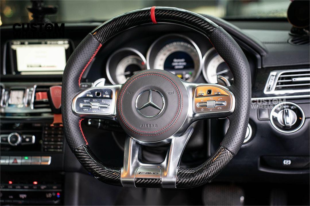 Mercedes Custom Steering Wheel | AMG Style Carbon & Leather | Red Stitching & Center Stripe | Complete Retrofit for Older Models | Fits W204 W212 W218 + more
