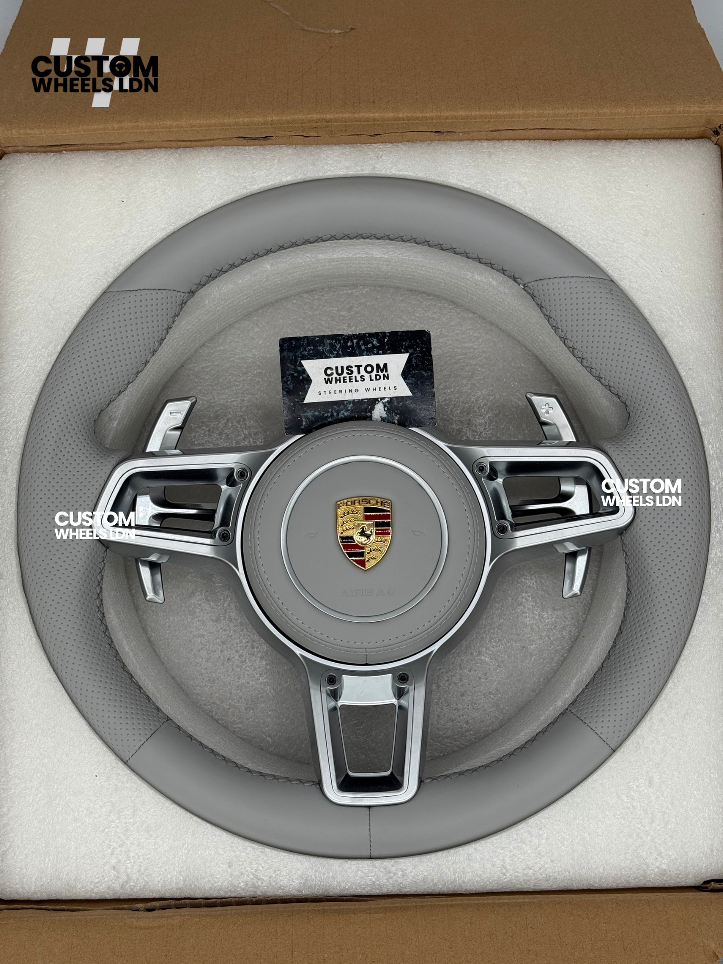 Porsche Custom OEM Round Steering Wheel – Full Grey Leather, Perforated Grips, Silver Trims, OEM Paddles | Fits 997.1, 997.2, 991.1, 981, 718 Cayman/Boxster, Panamera, Cayenne + more | Plug & Play | Upgrade for Older Models Available