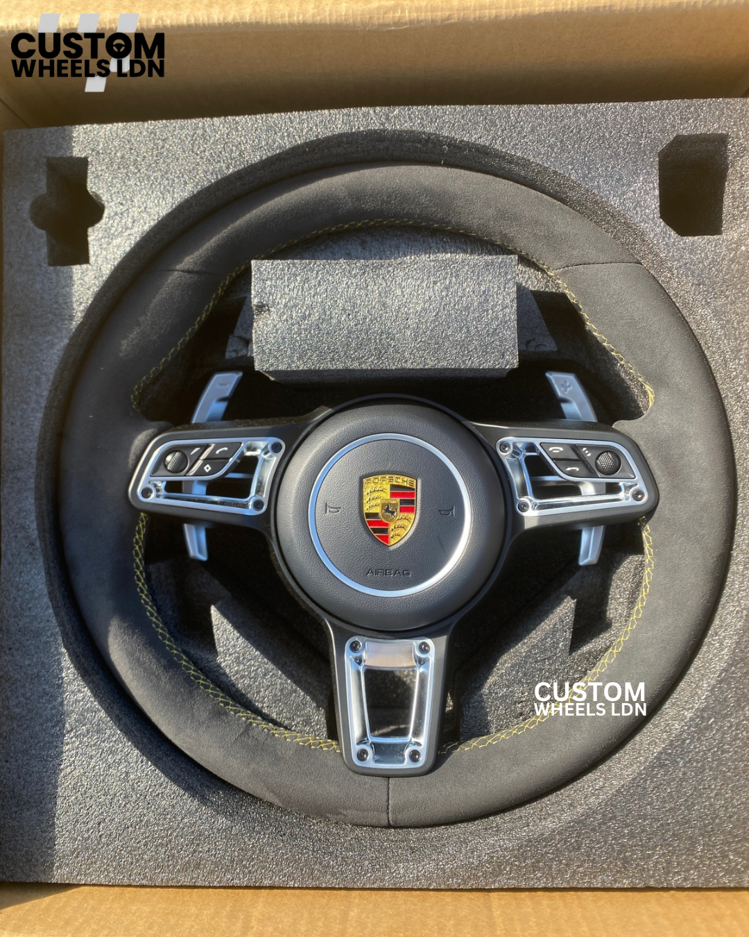 Porsche Custom Steering Wheel – Alcantara, Yellow Stitching – Fits 2000+ Models (PDK/Tiptronic)