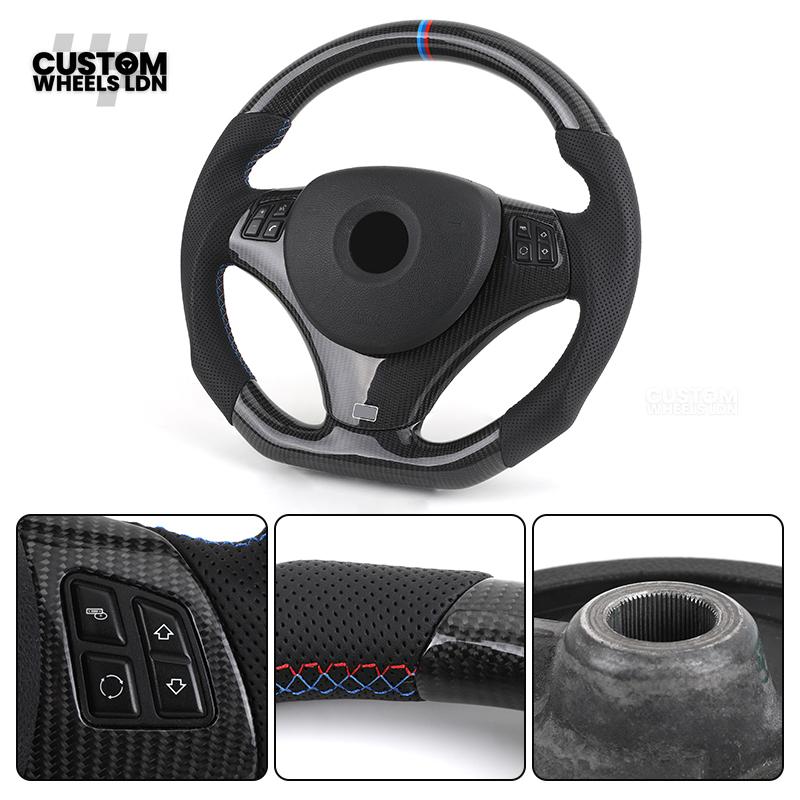 BMW Custom E-Series Carbon Fibre Steering Wheel – M-Stripe Top Marker | Perforated Leather Grip | Plug & Play | Fits older models