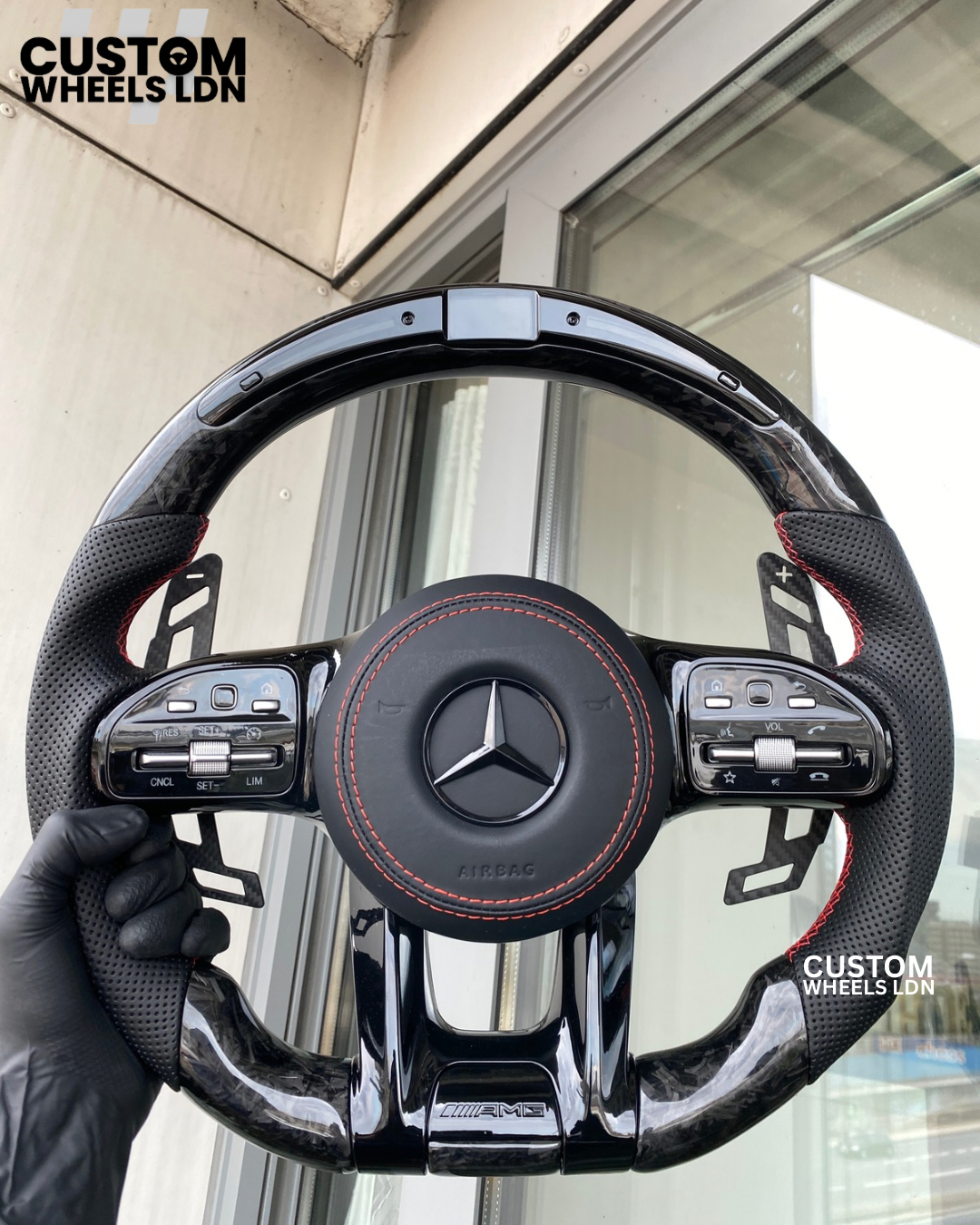 Mercedes Custom AMG Flat Bottom Steering Wheel – Forged Carbon & Black Leather, Red Stitching, LED Display, Touch Buttons, AMG Badge, Carbon Paddles | Fits C-Class, E-Class, CLS, GLC, GLE, G-Class + more | Plug & Play | Retrofit Upgrade for Older Models
