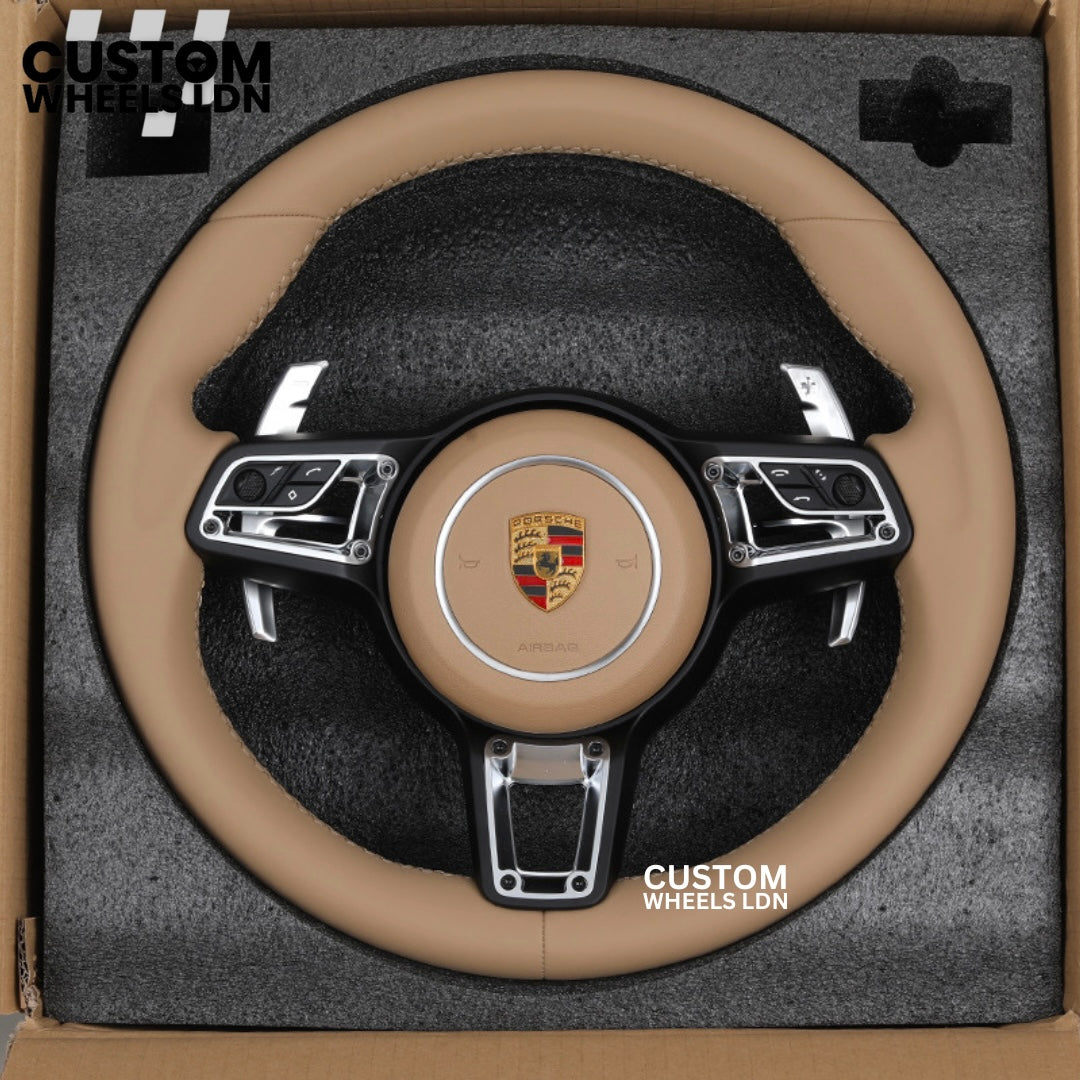Porsche Custom Beige Full Leather Steering Wheel - Fits Most Models: 911, Cayenne, Panamera, Macan, Boxter, Taycan & More